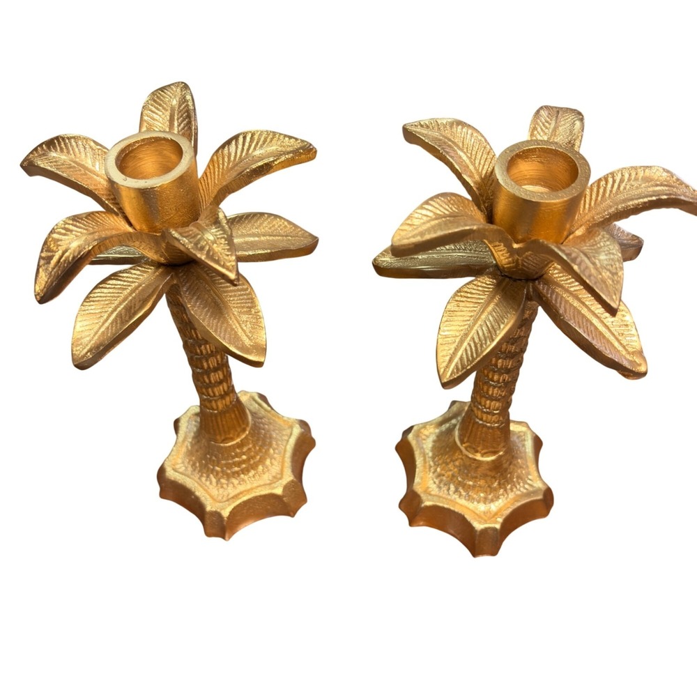 Gold Palm Tree Candle Holders Set 2 Metal Hollywood Regency Taper Candlestick 8" - Picture 4 of 9